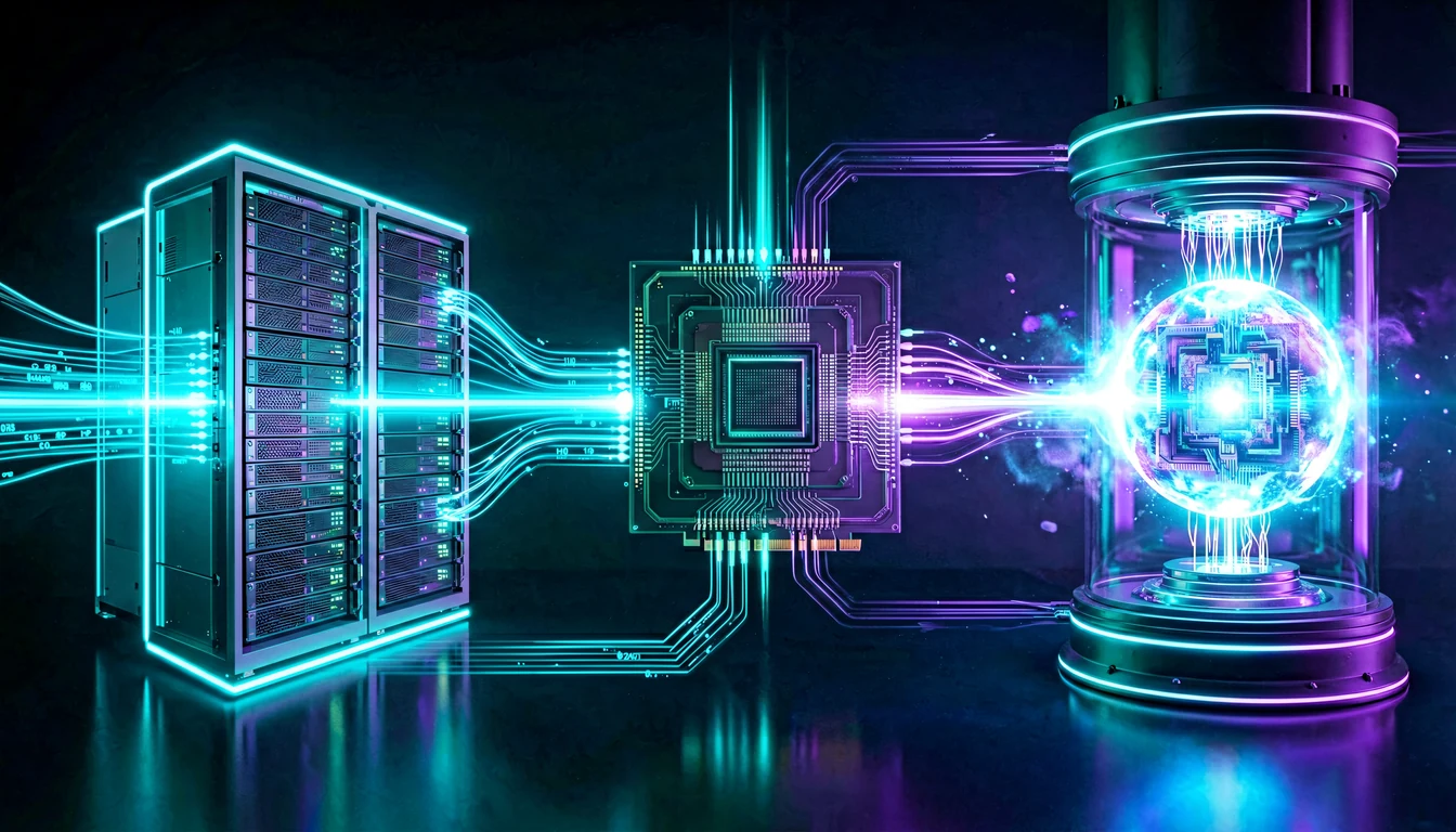 Hybrid loop HPC + GPU + QPU: the classical supercomputer filters millions of molecules; the QPU as Physical Co-processor computes ground state energy