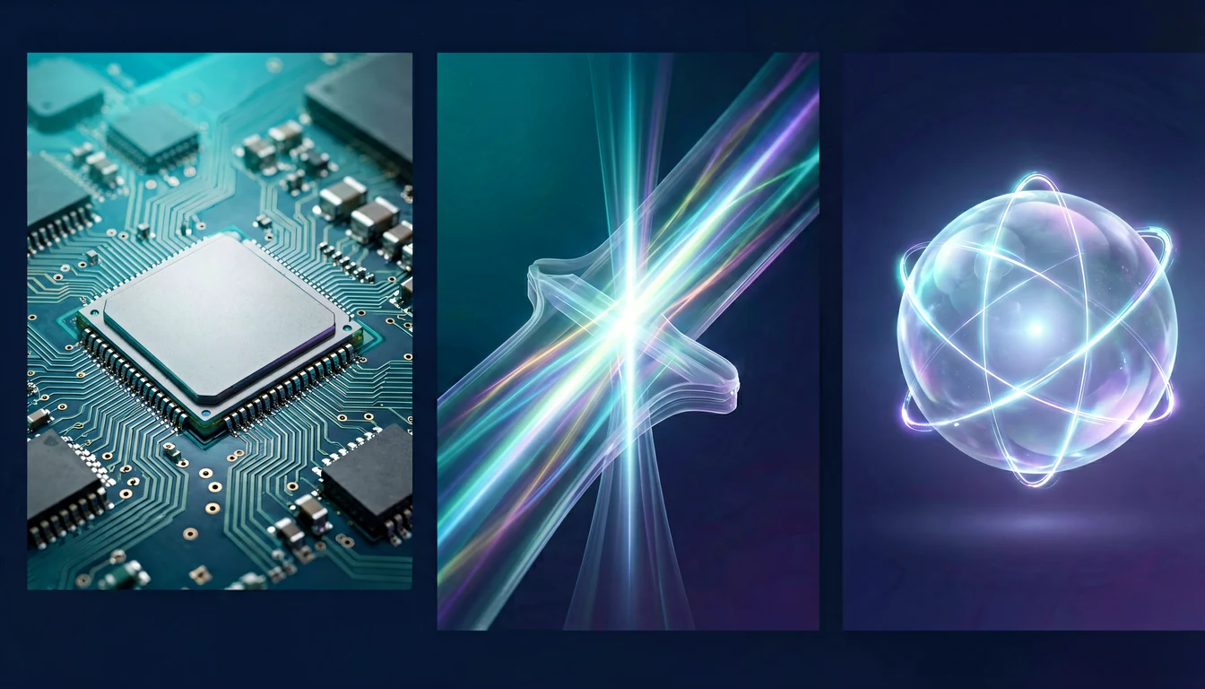 Trilogy of carriers: silicon (archive and logic) → photon (transport and matrix multiplication) → qubit (emulation of fundamental physics)