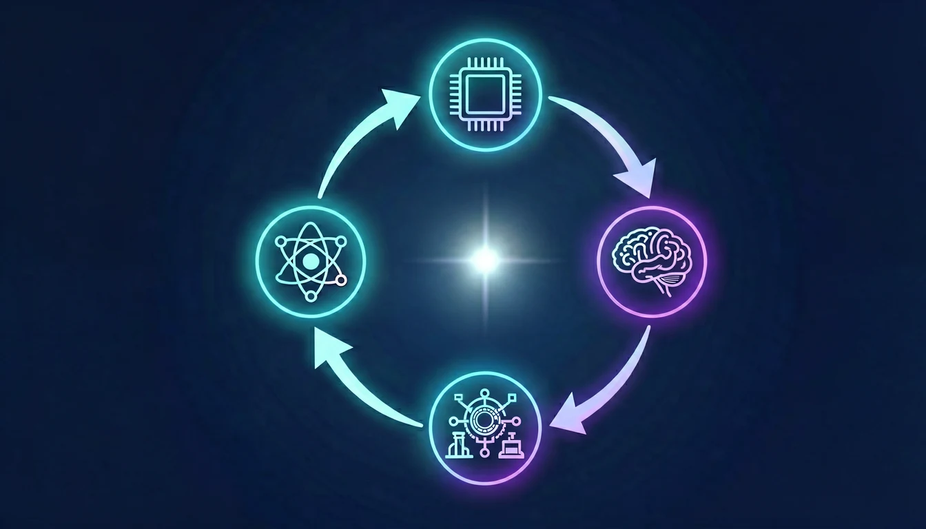 Closed self-reinforcing loop: GPU → AI → design of better GPUs and QPUs → QPU → new physical knowledge → training the next AI